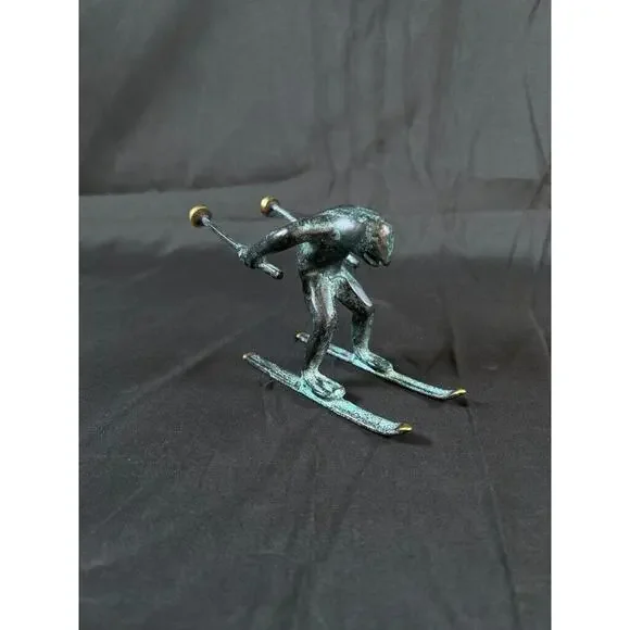 VTG Whimsical Solid Brass Frog Sculpture Figurine, Ski figurine, Ski lodge decor